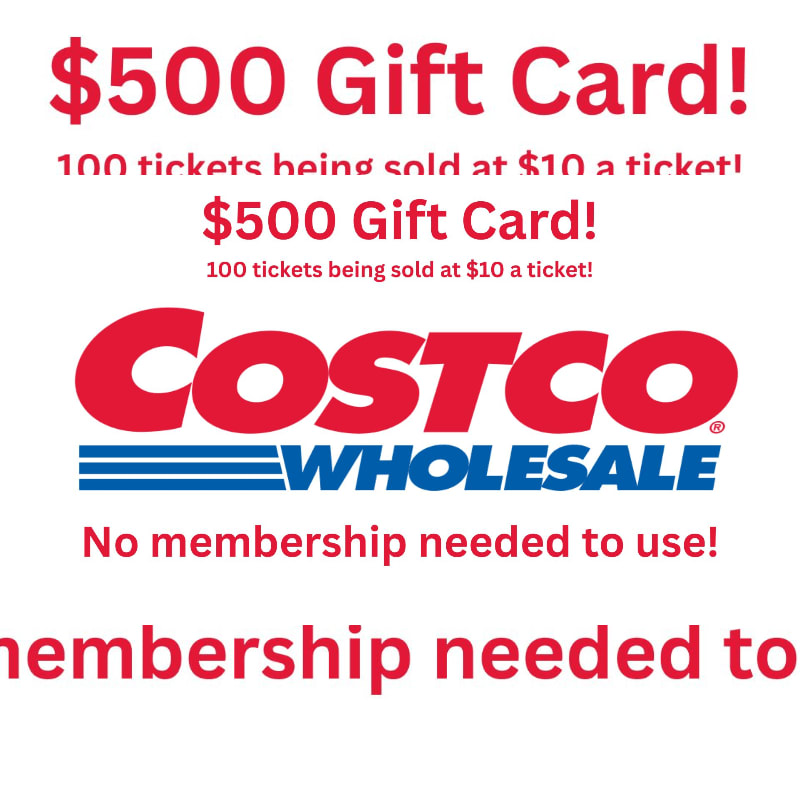 Red text announces a $500 Costco gift card being sold for $10 per ticket, with the Costco Wholesale logo in the center against a white background.