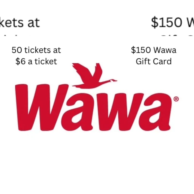 A red Wawa logo with a bird is centered in the foreground, with text about tickets and a gift card in the background.