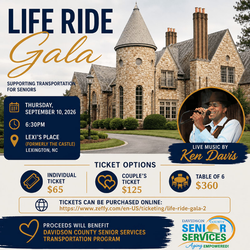 A castle-like building with a live musician performing in the foreground is advertised for the Life Ride Gala supporting senior transportation.