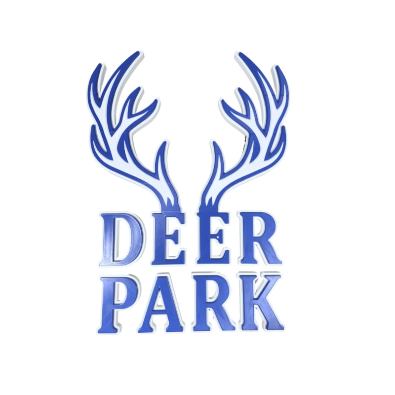 Blue antlers arch over the words "DEER PARK" in blue, metallic lettering against a white background.