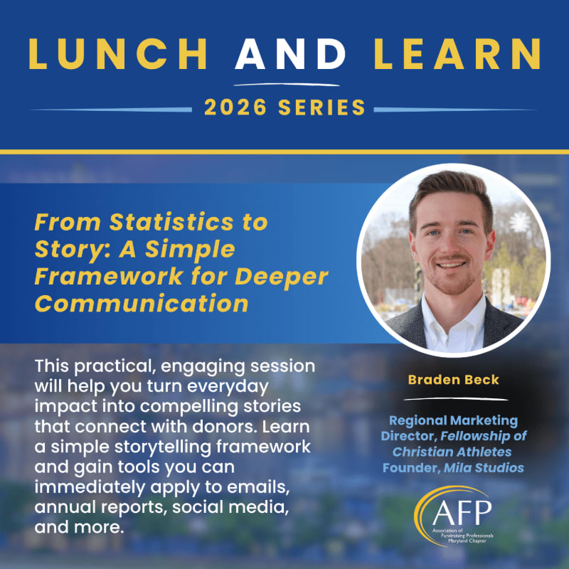 A man's portrait is in the foreground, with the title "LUNCH AND LEARN 2026 SERIES" and event details in the background.