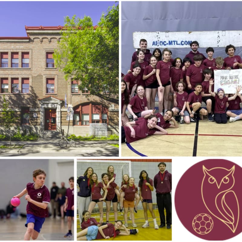 A collage features a brick school building in the background of the top left panel, while the foreground shows a group of young athletes in maroon uniforms posing for a photo on a basketball court.