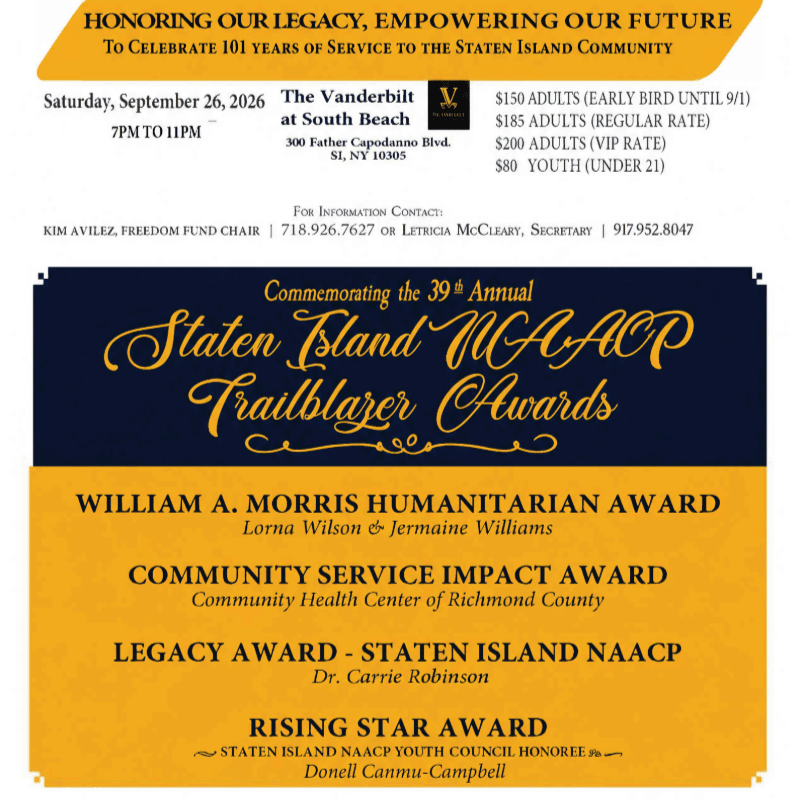 A yellow and blue banner advertises the Staten Island NAACP Trailblazer Awards, listing award recipients and event details.