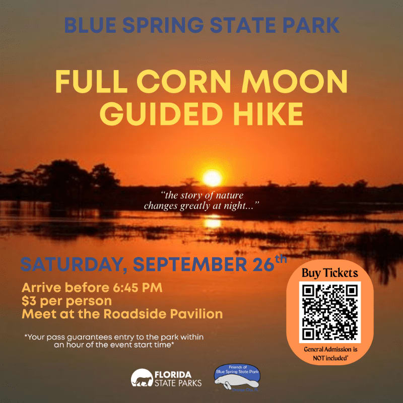 A serene sunset over a body of water with silhouetted trees in the background advertises a "Full Corn Moon Guided Hike" at Blue Spring State Park.