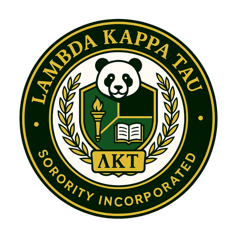 A circular crest with a panda at the top, a shield with a torch and an open book in the center, and the words "LAMBDA KAPPA TAU SORORITY INCORPORATED" around the border, all set against a white background.