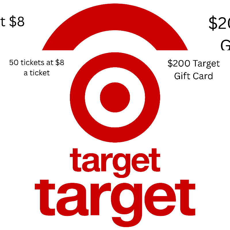 A red Target logo is centered on a white background, with text indicating ticket prices and a gift card offer.