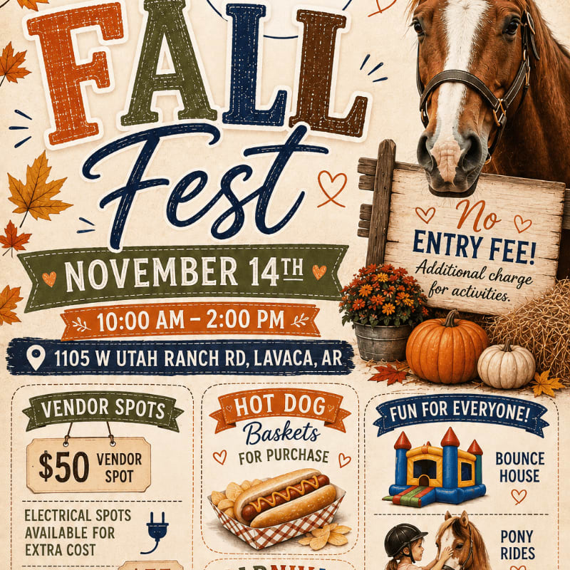 A festive fall festival poster features a horse and pumpkins in the background, with details about vendors, food, and activities in the foreground.