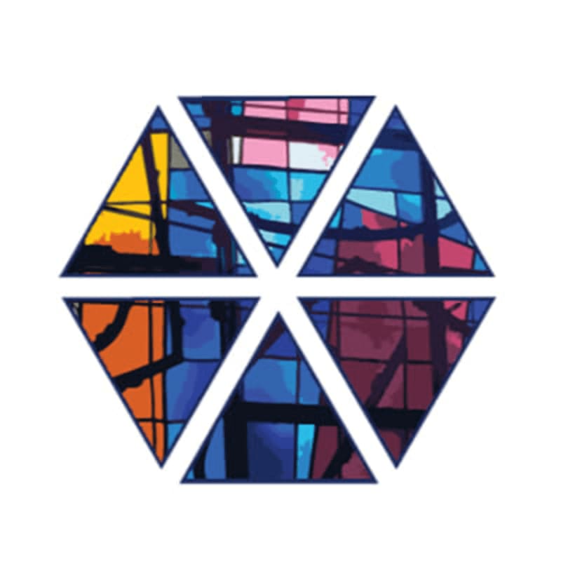 Six triangular panes of colorful stained glass form a hexagon in the foreground, set against a white background.