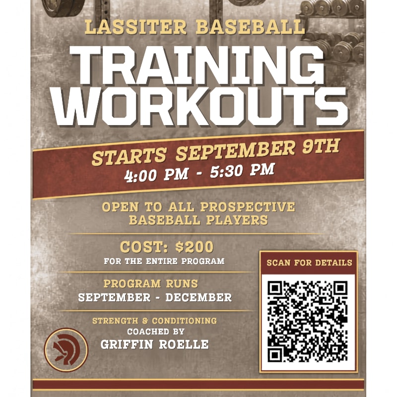 A poster for Lassiter Baseball training workouts, featuring text about the program details and a QR code, is set against a textured background with weights visible at the top.