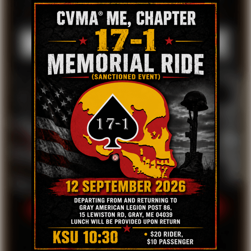 A memorial ride poster features a skull with a spade emblem in the foreground and a flag and a helmet on a rifle in the background.