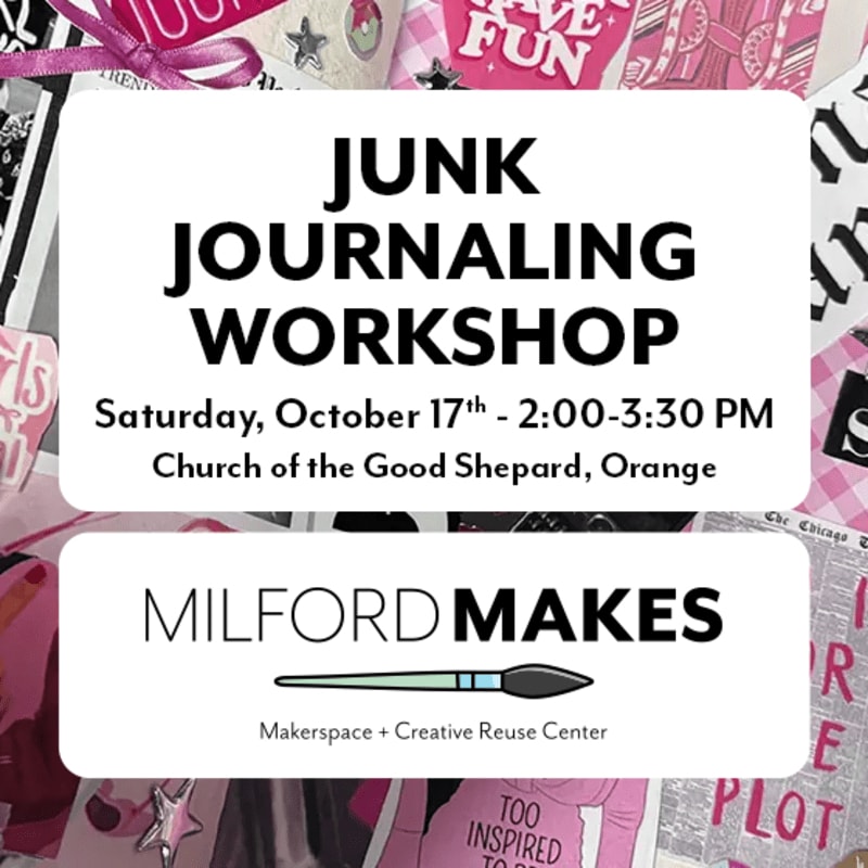 A white card with "JUNK JOURNALING WORKSHOP" and event details is layered over a pink and white collage of craft supplies and text.