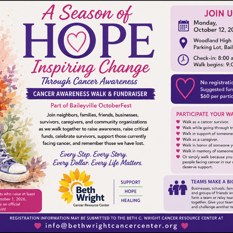 A flyer for a cancer awareness walk and fundraiser is displayed with a close-up of a sneaker and autumn leaves in the foreground, and event details in the background.