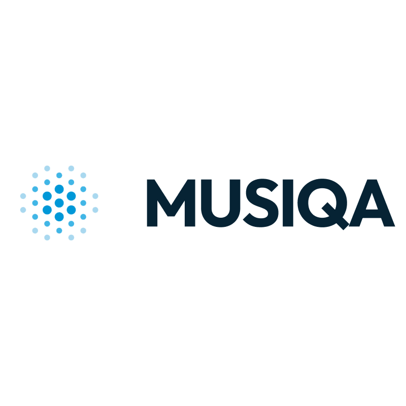 A blue dotted circle logo is to the left of the dark blue text "MUSIQA" on a white background.