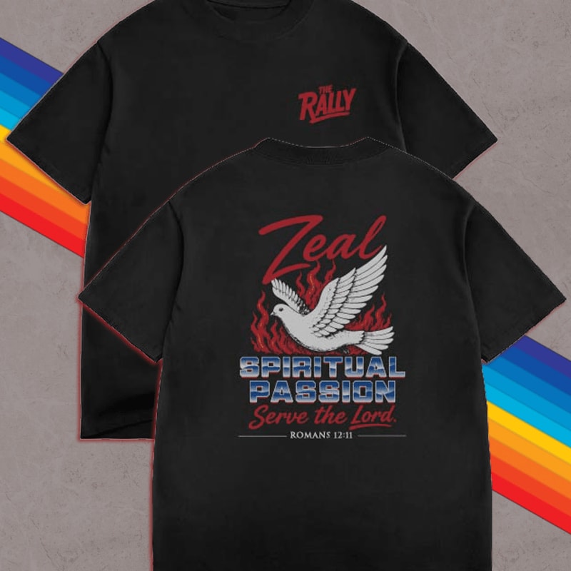 Two black t-shirts with a dove graphic and text are displayed against a background of colorful diagonal stripes.