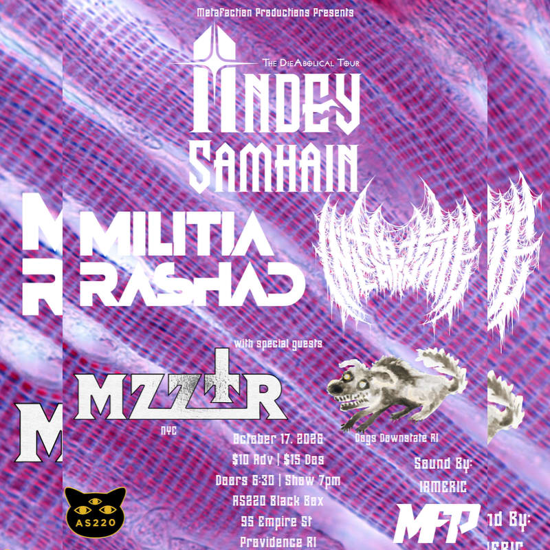 A concert poster with band names and event details in the foreground is set against a purple and pink textured background.