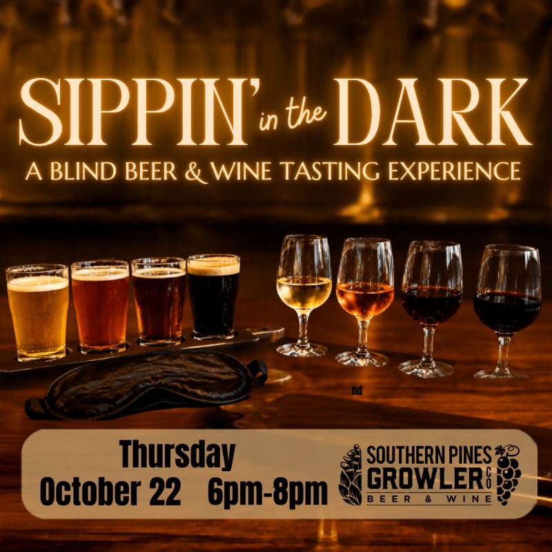 A blindfolded beer and wine tasting event is advertised with drinks in the foreground and warm lighting in the background.