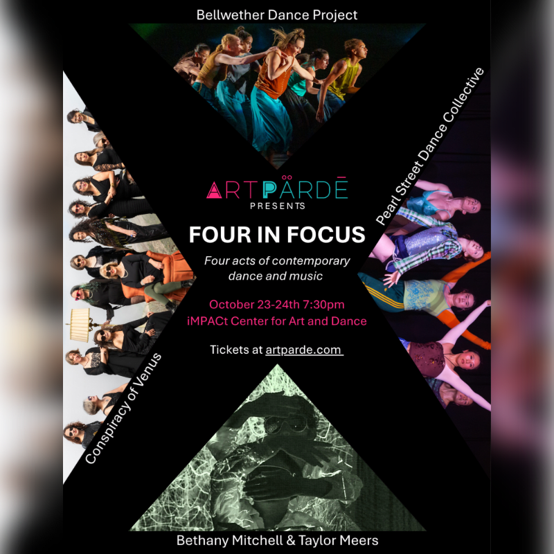 A black poster with geometric shapes features images of dancers in the foreground and text detailing a dance performance in the background.