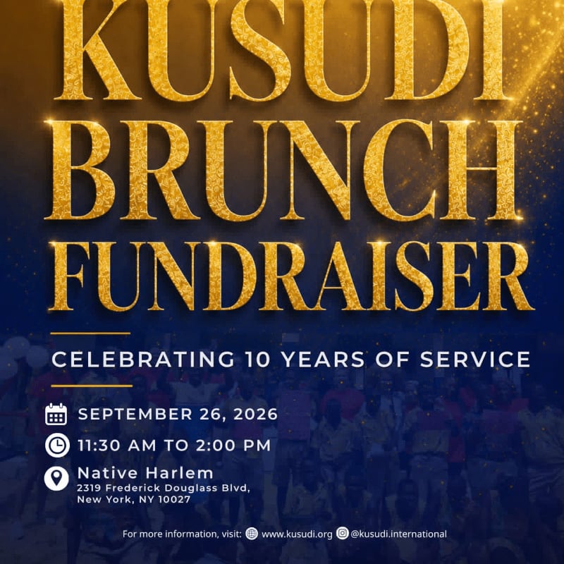 Golden text announces a "KUSUDI BRUNCH FUNDRAISER" celebrating 10 years of service, with event details below, set against a blurred background of people in a celebratory gathering.