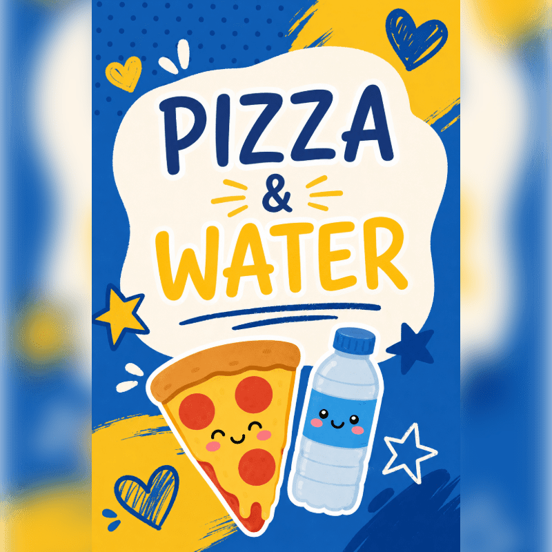 A slice of pizza with a smiling face and a bottle of water with a smiling face are in the foreground, set against a blue and yellow background with hand-drawn hearts and stars.