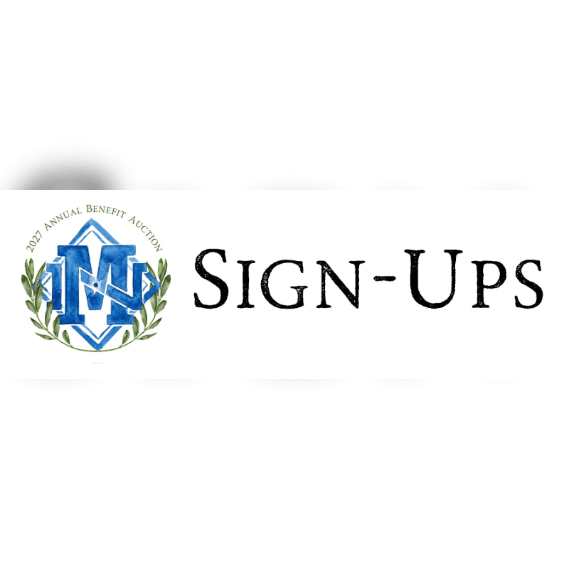 A logo with the letters "MN" inside a diamond shape, surrounded by olive branches and text reading "2027 ANNUAL BENEFIT AUCTION" is on the left, while the words "SIGN-UPS" are prominently displayed in black text on the right, all against a white background.
