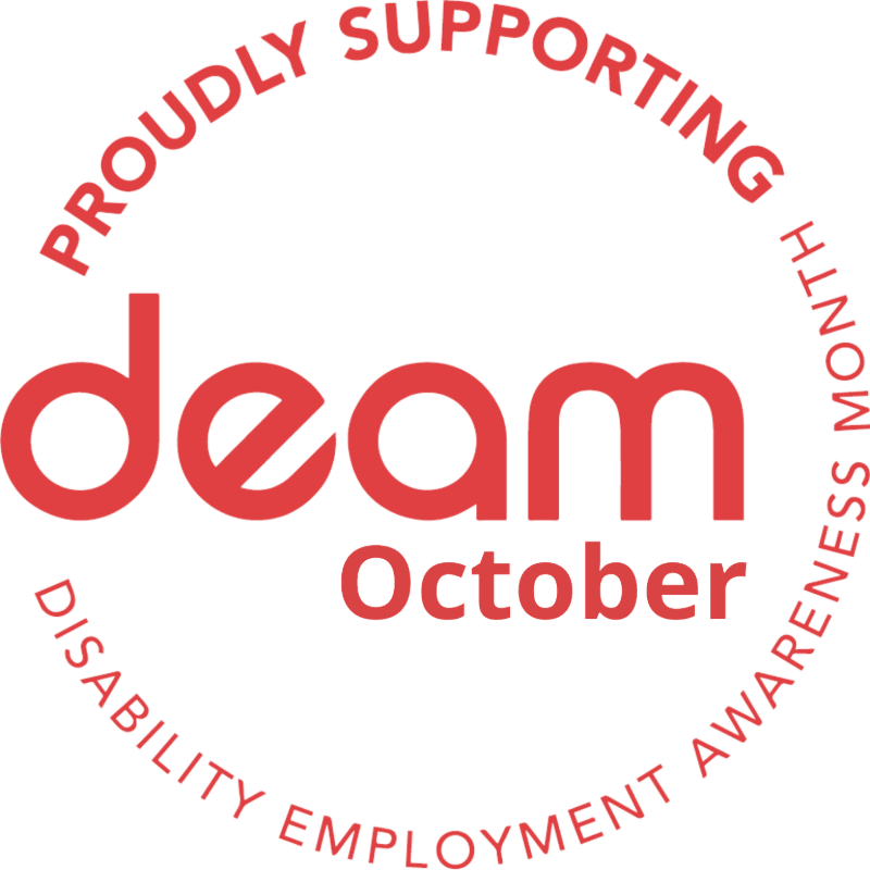 A red circular logo with the text "PROUDLY SUPPORTING DISABILITY EMPLOYMENT AWARENESS MONTH OCTOBER" surrounds the word "deam" in large red letters on a white background.