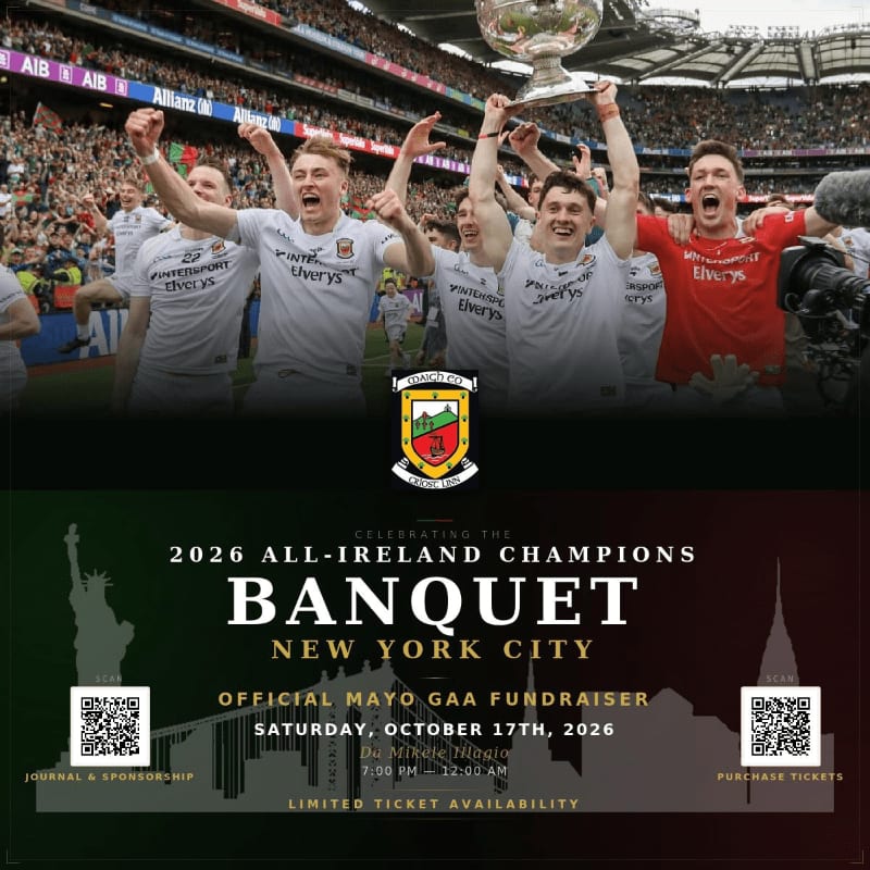 A jubilant group of athletes in white jerseys celebrates with a trophy in the foreground, while a stadium filled with spectators forms the background, all overlaid with event details for a banquet in New York City.