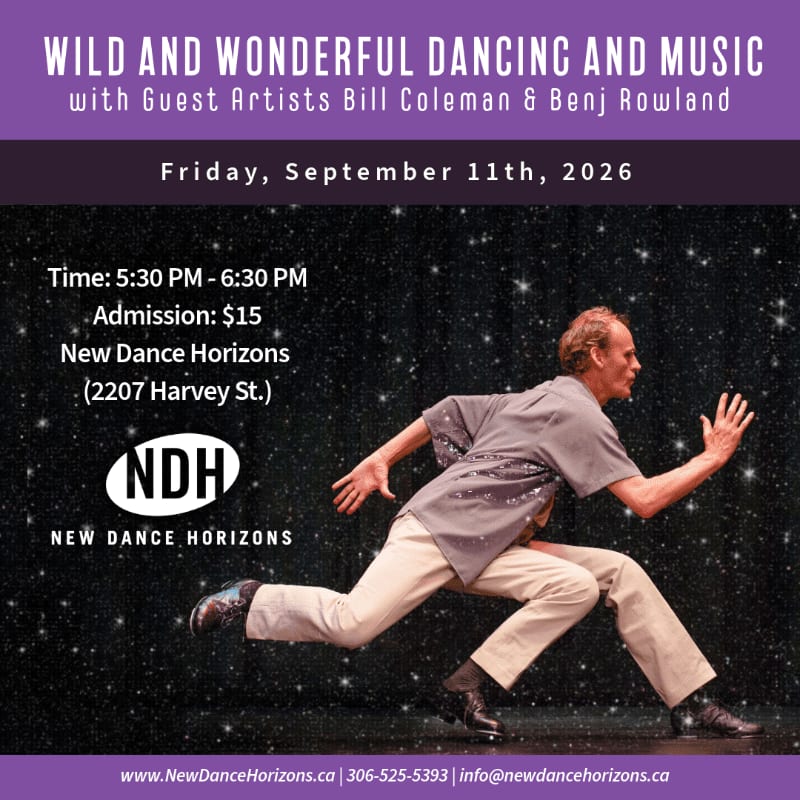 A man in mid-dance pose with arms outstretched is set against a starry background, with event details and logos in the upper and lower sections.