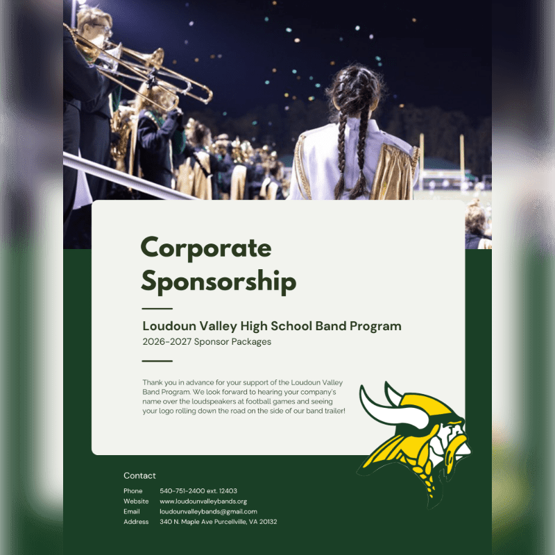 A marching band performs in the background, while a flyer for corporate sponsorship of the Loudoun Valley High School Band Program is in the foreground.