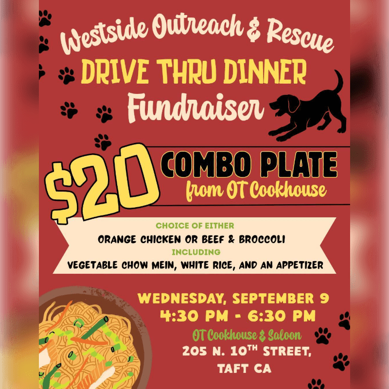 A red flyer advertises a drive-thru dinner fundraiser for Westside Outreach & Rescue, featuring a $20 combo plate from OT Cookhouse with details of the meal, date, time, and location.