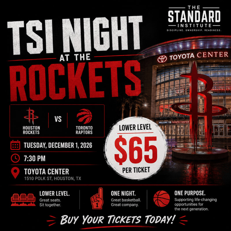 A promotional poster for "TSI Night at the Rockets" features the Toyota Center in the background and event details in the foreground.