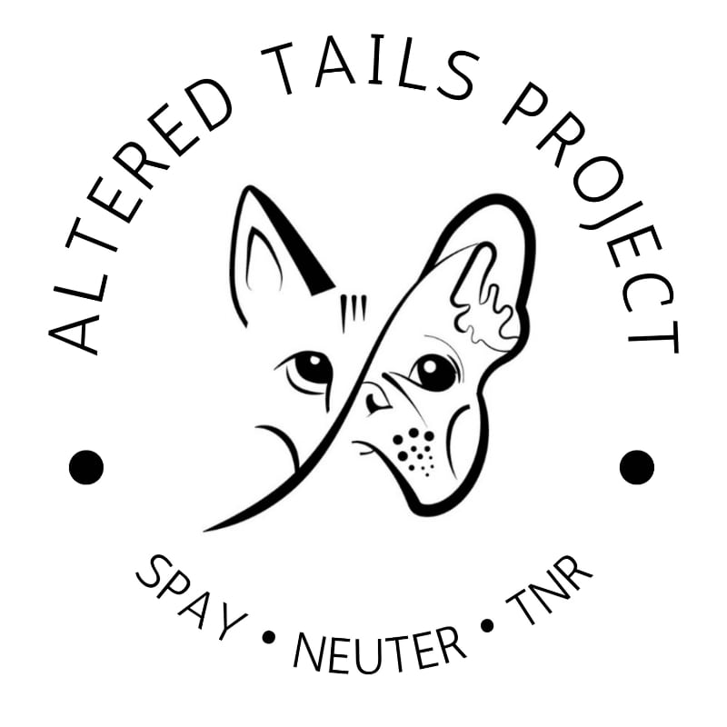 A stylized black and white logo features a split image of a cat and dog face in the foreground, with the words "ALTERED TAILS PROJECT" and "SPAY NEUTER TNR" forming a circle in the background.