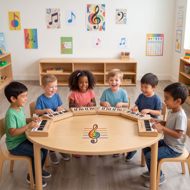 Six young children sit around a round table playing toy keyboards, with colorful musical notes and charts adorning the wall behind them.