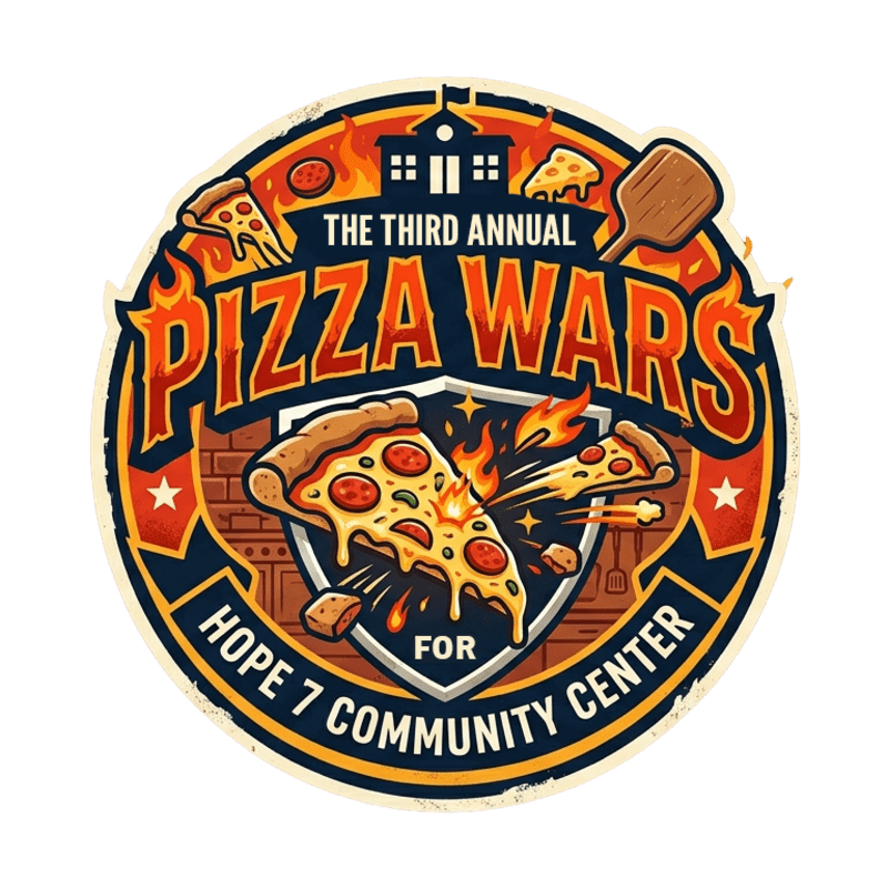 A circular logo for "Pizza Wars" features a slice of pizza exploding with pepperoni and cheese in the foreground, set against a background of flames, a brick wall, and a building with the text "The Third Annual Pizza Wars Hope 7 Community Center."