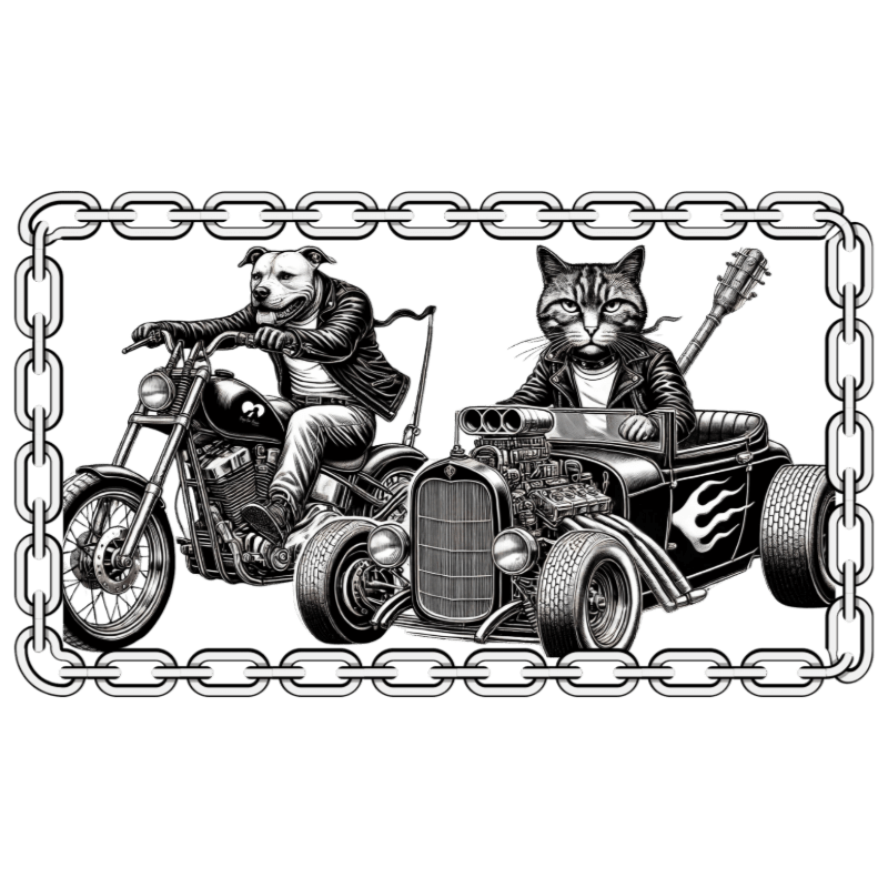A dog rides a motorcycle while a cat drives a hot rod, both framed by a chain border.