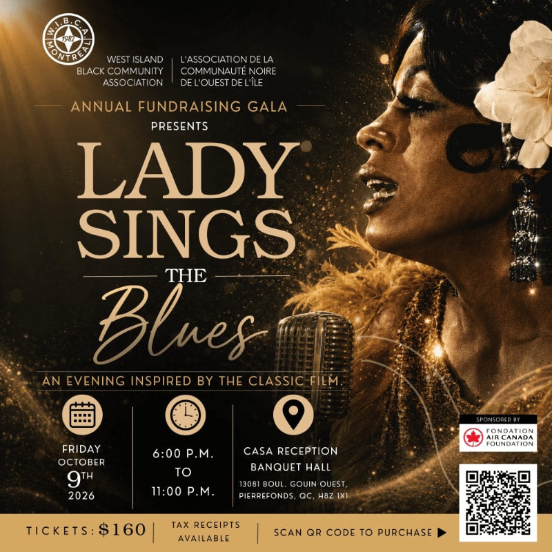 A glamorous woman with a flower in her hair sings into a vintage microphone in the foreground, while the background features event details for an annual fundraising gala.