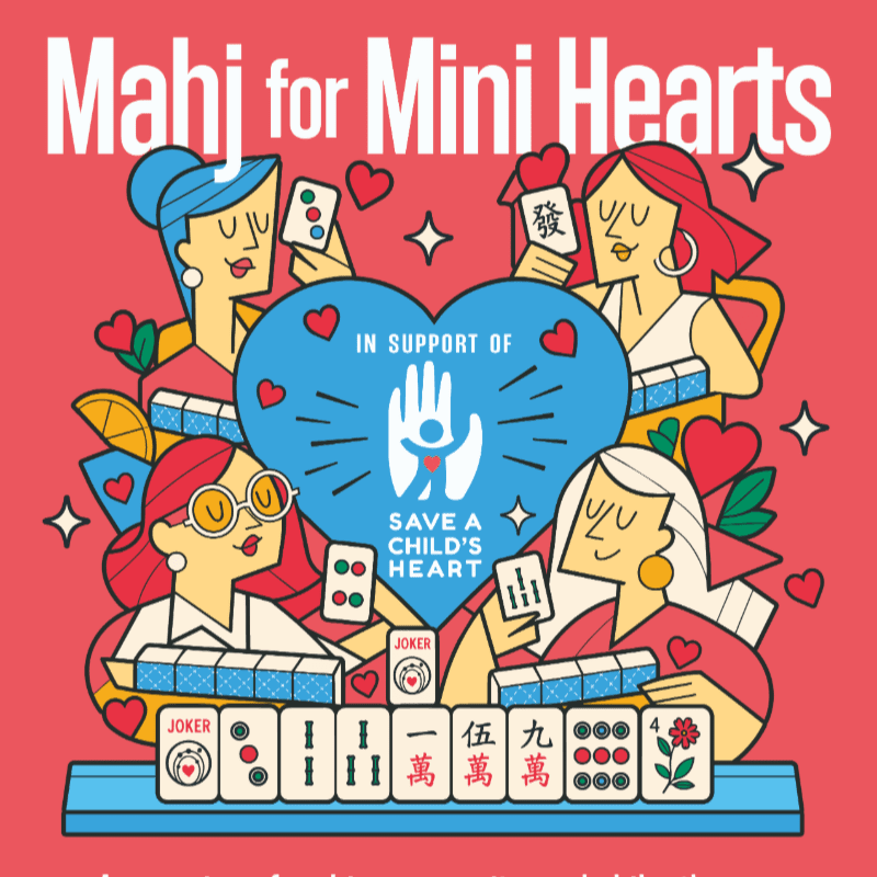 Four women play Mahjong with tiles and cards in the foreground, while a blue heart with a child's hand logo and the text "IN SUPPORT OF SAVE A CHILD'S HEART" is centered in the background, all set against a red backdrop with scattered hearts and stars.