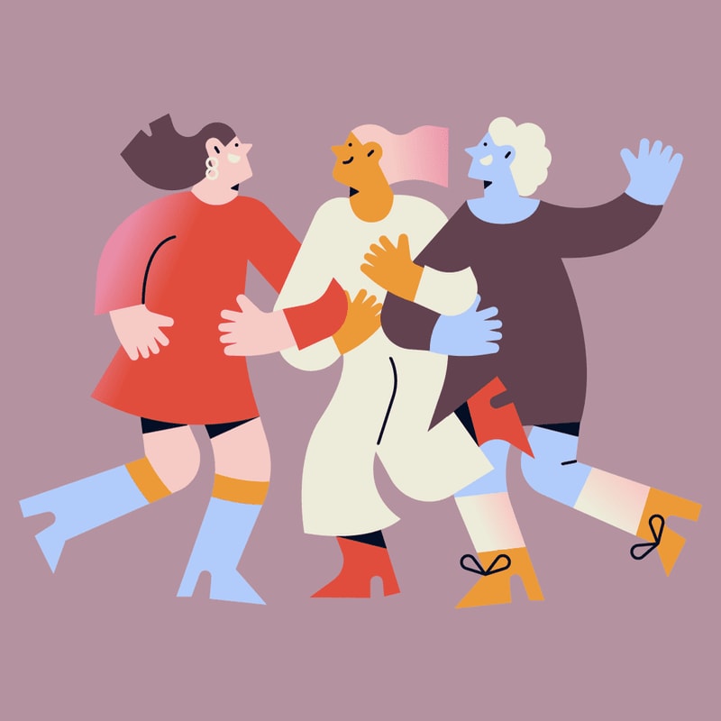 Three stylized women with colorful clothing and boots are dancing together against a muted purple background.
