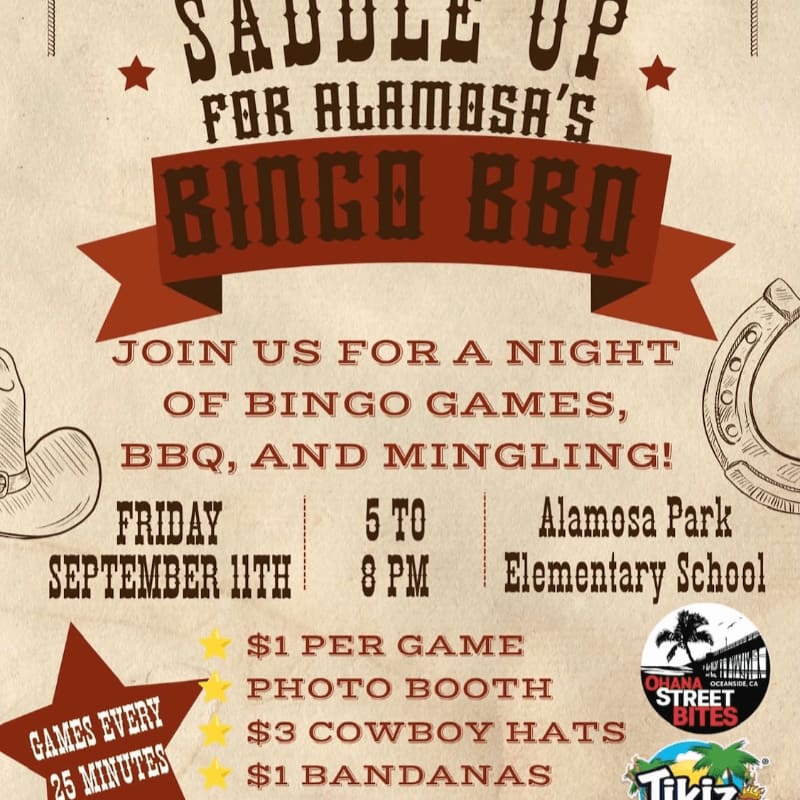 A rustic poster advertises "Saddle Up for Alamosa's Bingo BBQ" with details about games, food, and prices in the foreground, set against a background featuring a horseshoe and cowboy hat graphic.