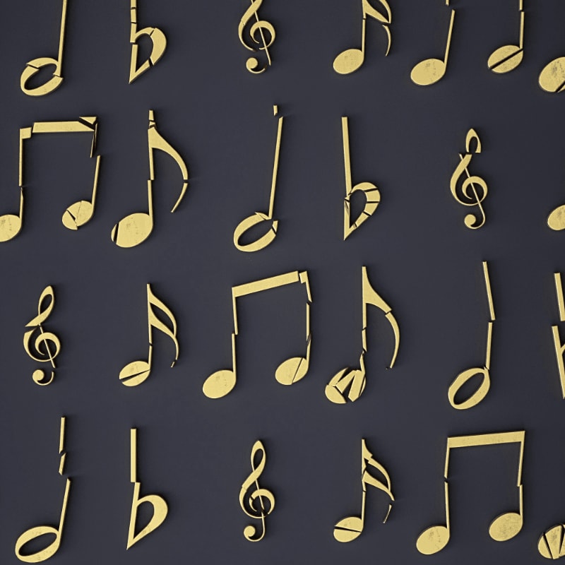 Gold musical notes arranged in a grid pattern on a dark grey background