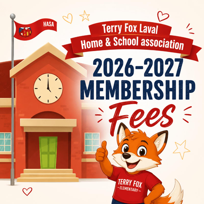 A cartoon fox gives a thumbs up in front of a school building with a banner announcing membership fees.