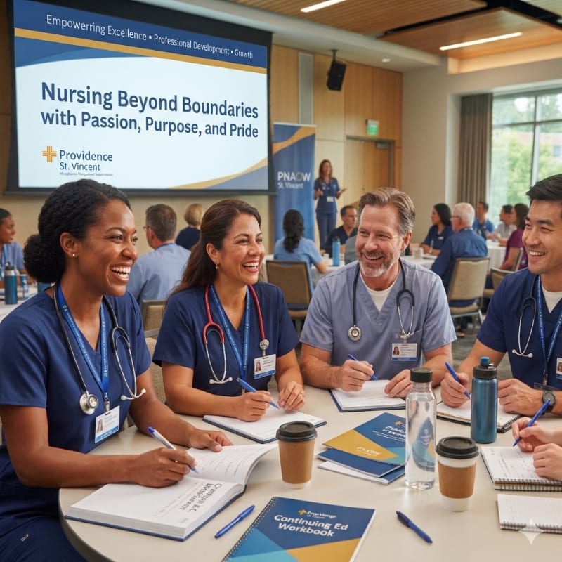 Four smiling nurses in blue scrubs sit at a round table with notebooks and coffee cups, while a presenter speaks in front of a screen displaying "Nursing Beyond Boundaries" in the background.