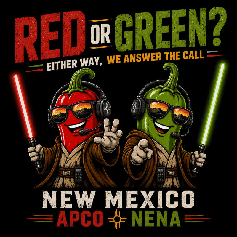 Two anthropomorphic chili peppers, one red and one green, dressed as Jedi and holding lightsabers, stand in front of a black background with text that reads "RED OR GREEN? EITHER WAY, WE ANSWER THE CALL NEW MEXICO APCO NENA".