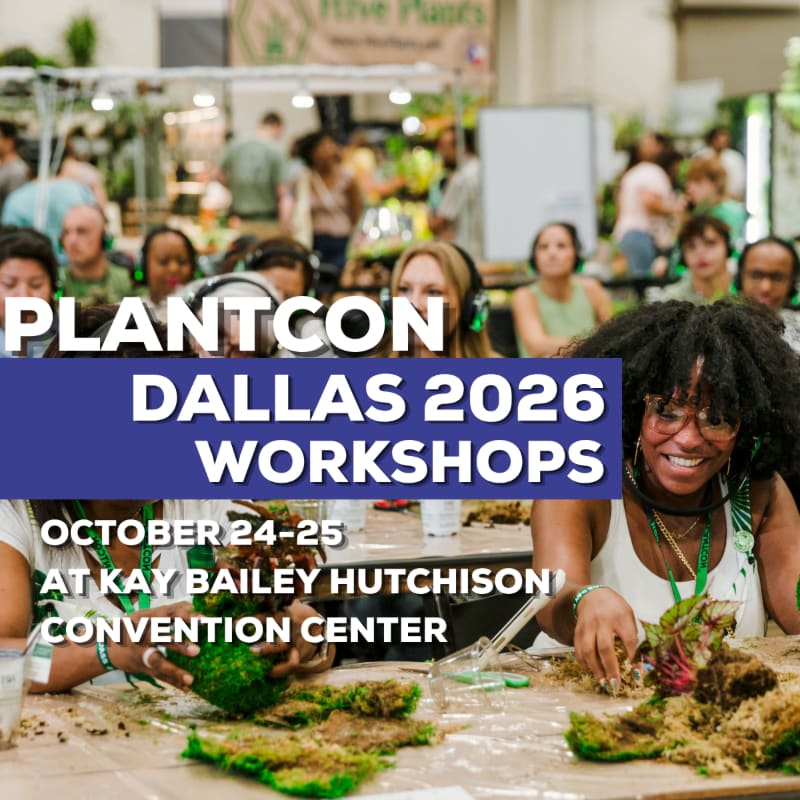 In the foreground, two women are engaged in a plant workshop, while the background shows a bustling convention hall filled with attendees and lush greenery.