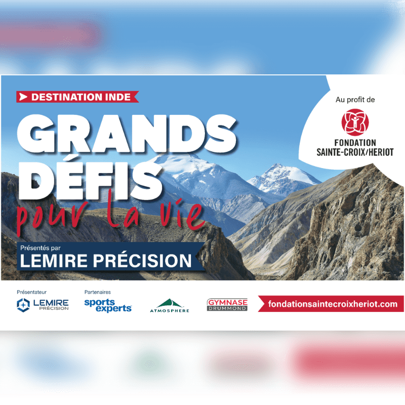 Majestic snow-capped mountains form the background, while the foreground displays text promoting "Grands Défis pour la vie" and sponsor logos.