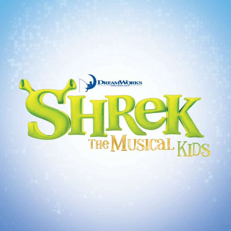 The foreground features the "Shrek The Musical Kids" logo with the DreamWorks animation logo above it, set against a light blue, speckled background.