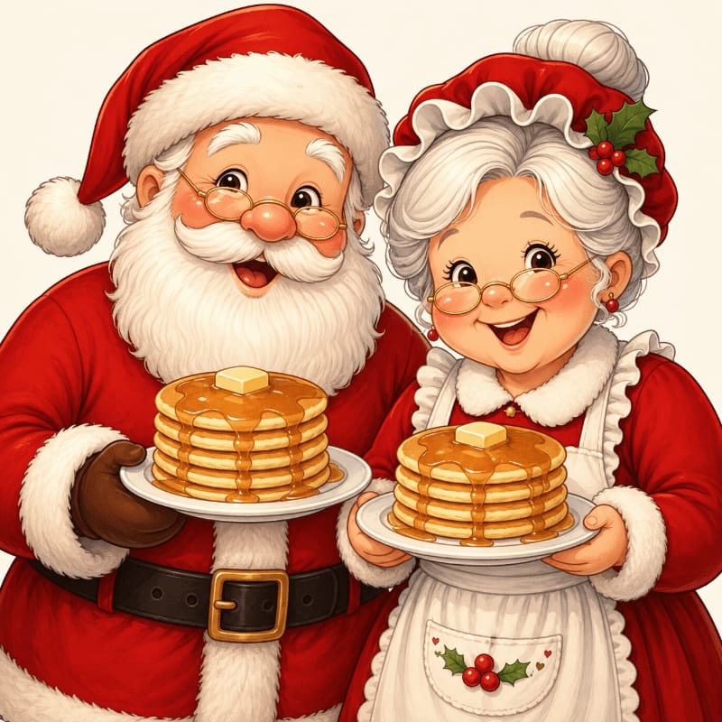 Santa and Mrs. Claus, dressed in their festive red attire, smile warmly while holding plates piled high with syrup-drizzled pancakes topped with butter, against a plain, light background.