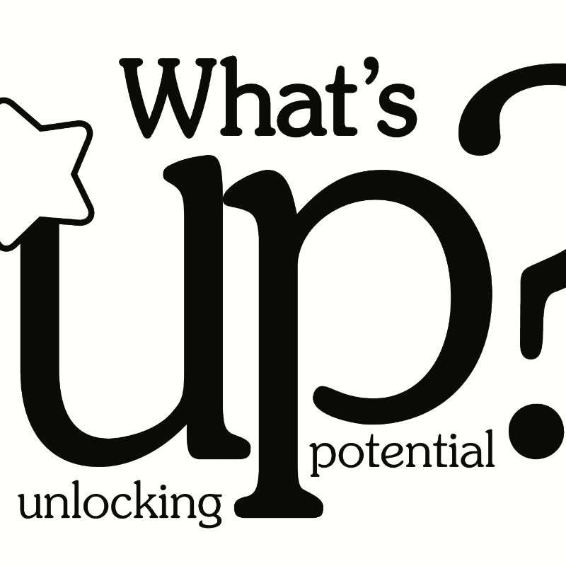 Bold black text with a star and question mark forms the phrase "What's up?" in the foreground, while "unlocking potential" is written in smaller text below.