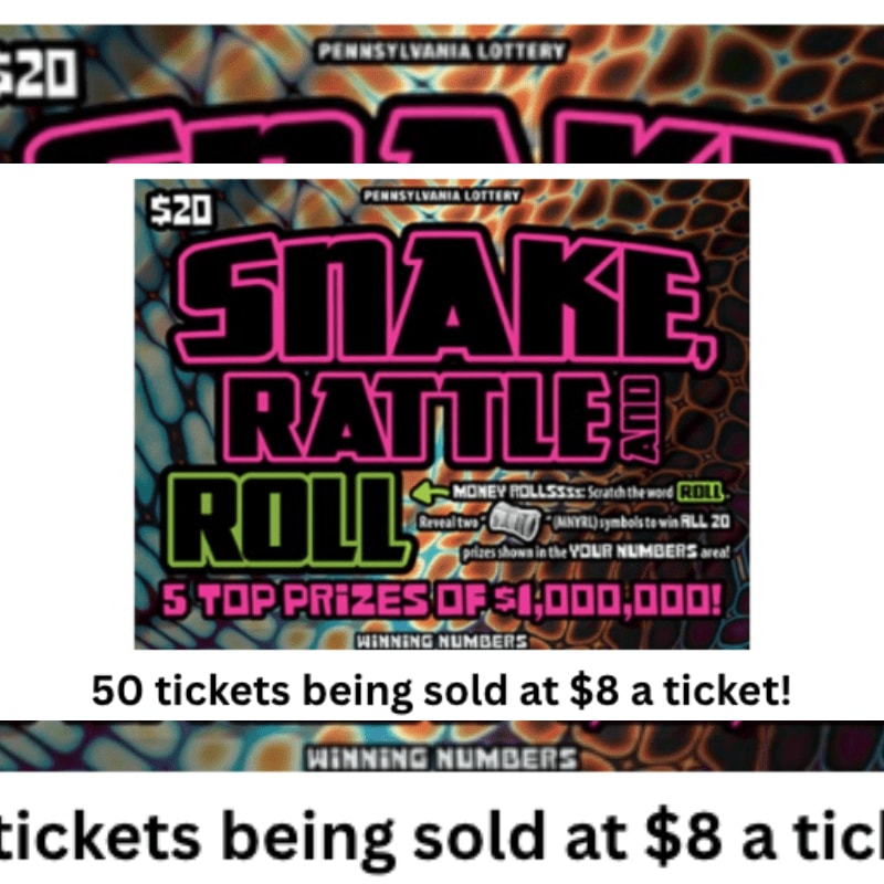 A Pennsylvania Lottery "Snake Rattle Roll" scratch-off ticket is shown in the foreground, with text below indicating 50 tickets are being sold at $8 each, against a blurred, abstract background.