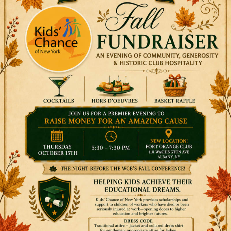 Autumn leaves frame a fundraiser announcement for Kids' Chance of New York, detailing cocktails, hors d'oeuvres, and a basket raffle.