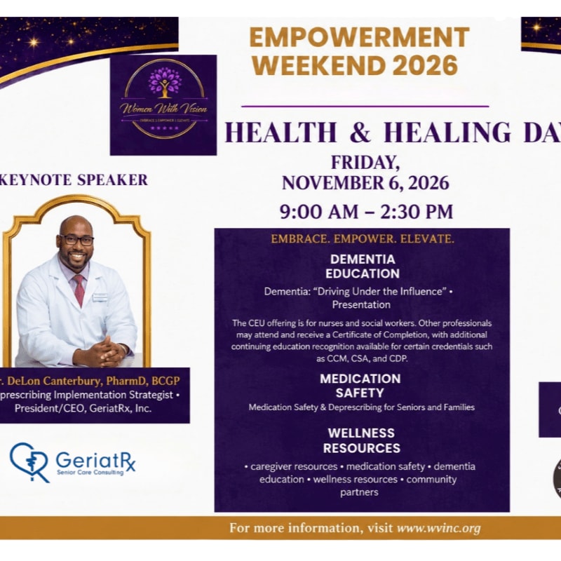 A smiling man in a suit is featured in the foreground, while the background displays event details for "Empowerment Weekend 2026 Health & Healing Day."